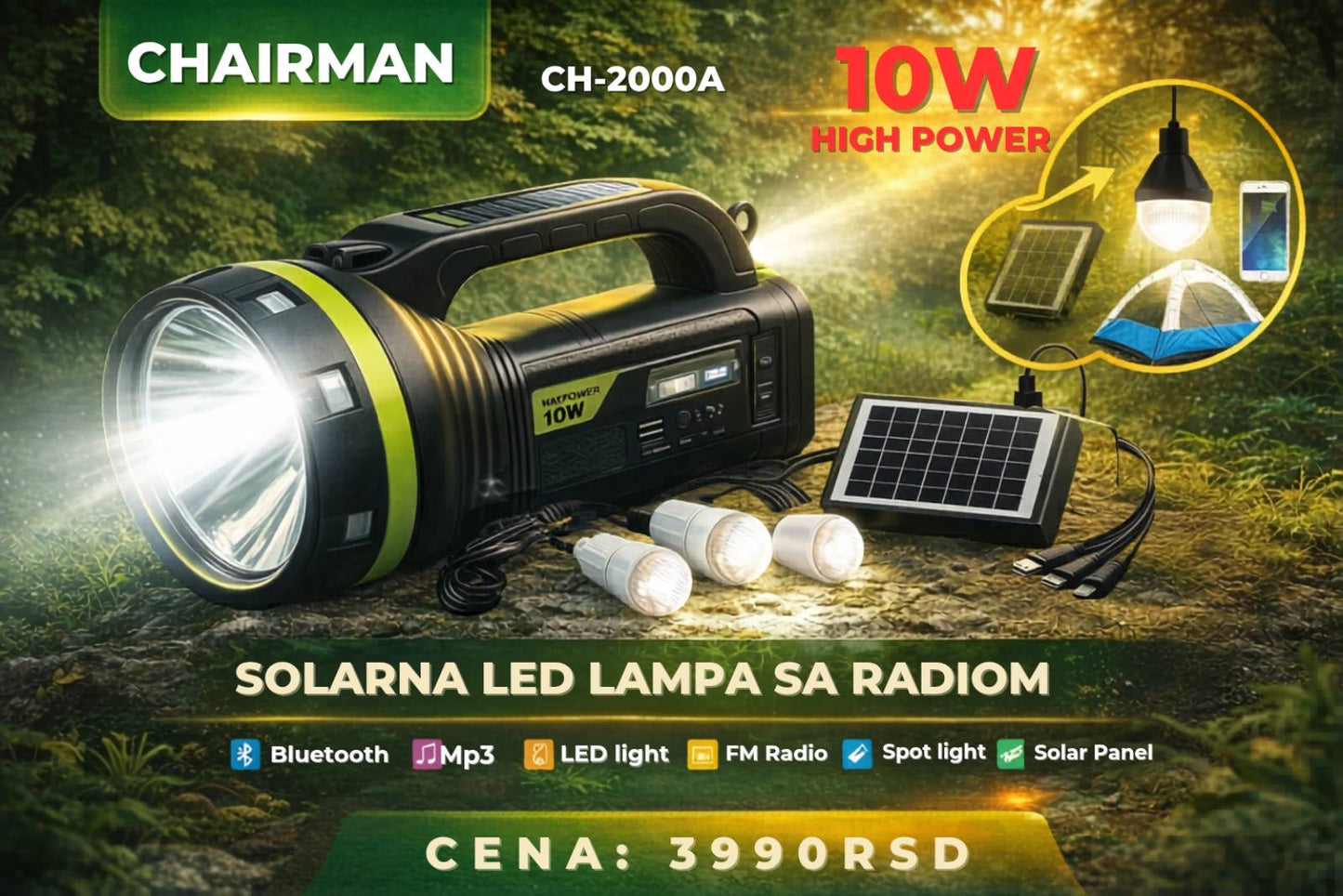 Prenosivi Solarni Sistem sa LED Sijalicama i Bluetooth Zvučnikom | Solarno Punjenje