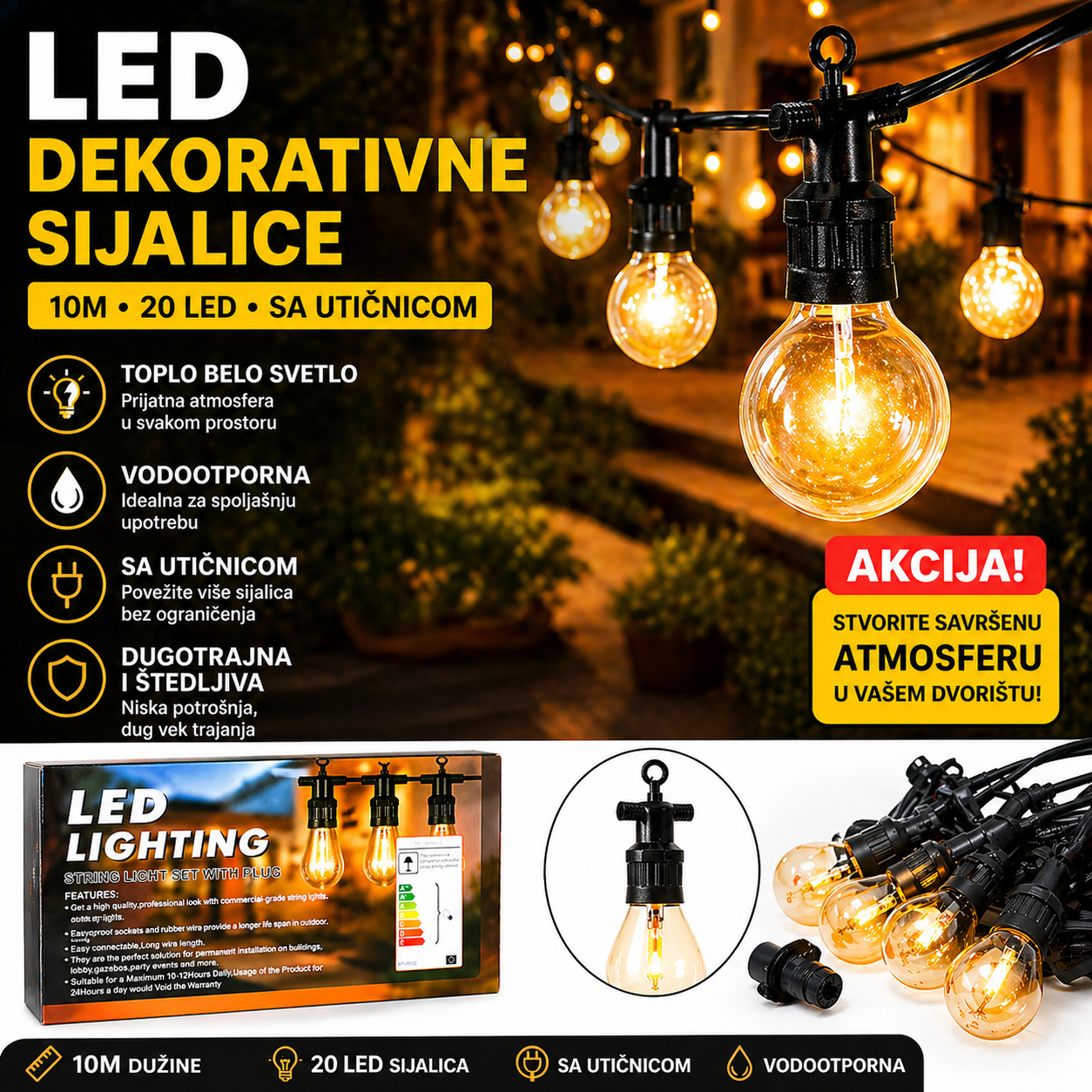 Dekorativne LED sijalice 10m – 10 toplo belih sijalica
